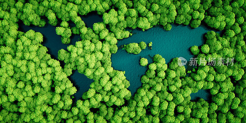 热带雨林湖泊是世界各大洲的形状。环境友好型可持续发展理念。3 d演示。